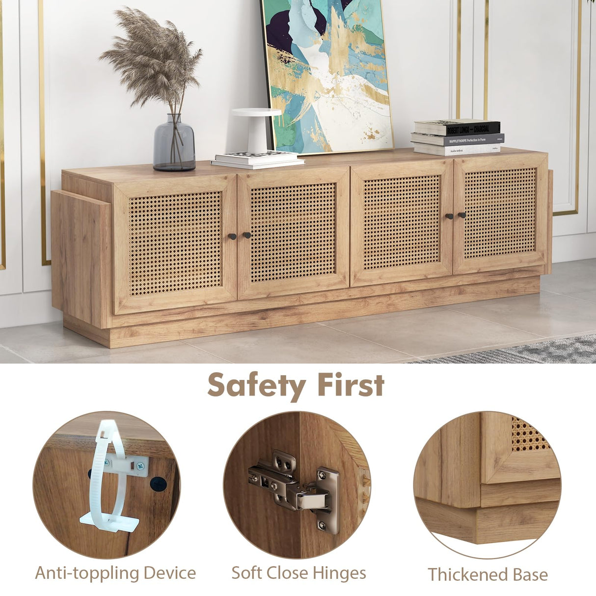 Tangkula Farmhouse TV Stand for TVs Up to 75-Inch, PE Rattan Entertainment Center with Storage and Adjustable Shelves, Mid Century Modern TV Console with 2 Cabinets and 8 Cable Holes for Living Room Tangkula