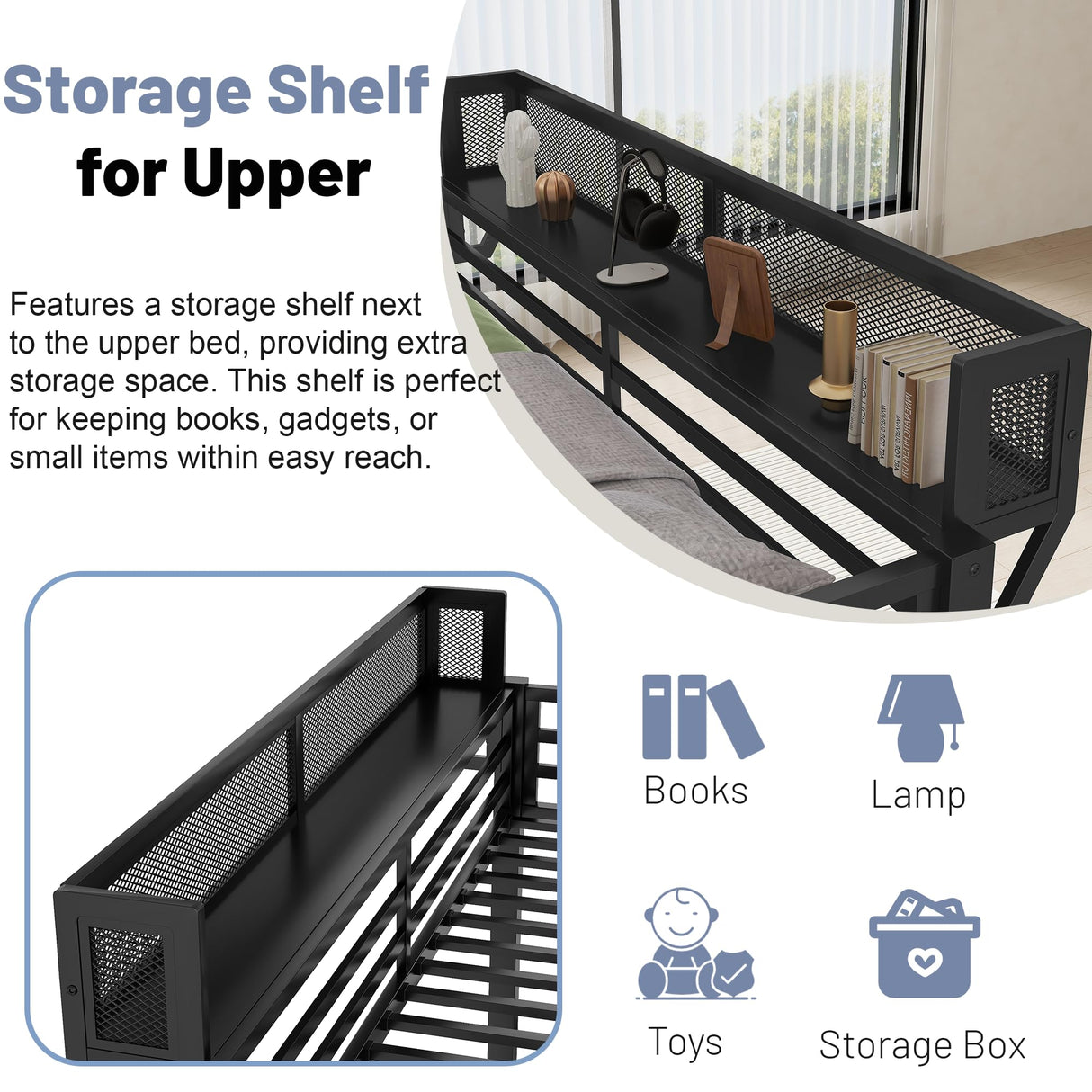 Mirightone Queen Over Queen Bunk Beds for Adults, Metal Bunk Bed Queen Size with Storage Shelf,Heavy-Duty Bunk Bed Frame with Ladder and Slats Support for Boys Girls,Space-Saving,Noise Reduced,Black Mirightone