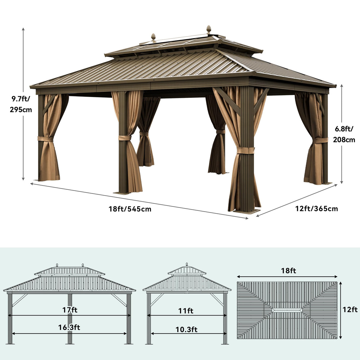 YITAHOME Gazebo 12x14ft Hardtop Heavy Duty Double Roof Outdoor Upgraded Galvanized w/Nettings Curtains Steel Combined of Horizontal Vertical Stripes Roof for Patio, Backyard, Deck, Lawn (Bronze) YITAHOME