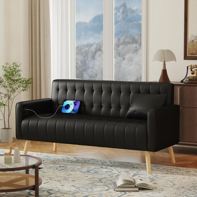 CHYMSUN 57” W Loveseat Sofa, Small Black Faux Leather Couch w/USB Charging Ports, Mid Century Modern Tufted Love Seat Couches, Mini Office Sofa Couch for Small Spaces, Bedroom, Living Room, Apartment