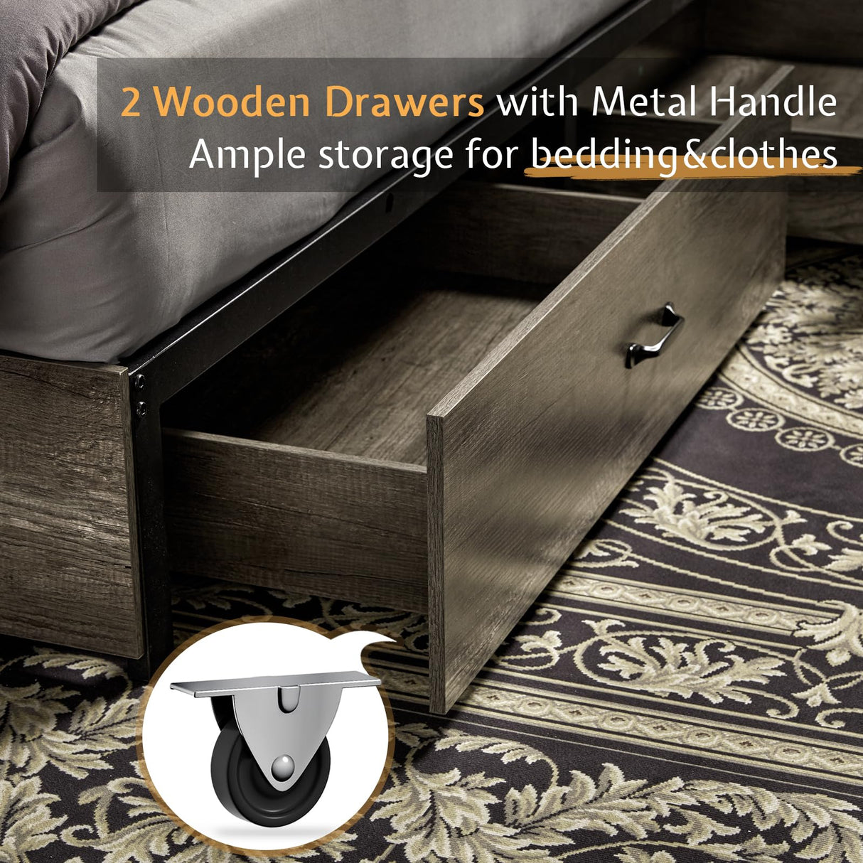 VanAcc Rustic Grey Queen Size Wooden Platform Bed Frame with Bookcase Headboard & Storage Drawers VanAcc