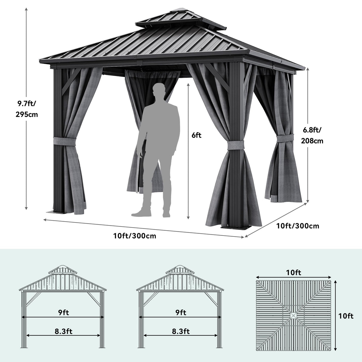 YITAHOME 10x10ft Hardtop Gazebo Heavy Duty Double Roof with Nettings and Curtains Galvanized Steel Outdoor Combined of Vertical Stripes Roof for Patio, Backyard, Deck, Lawns, Gray YITAHOME