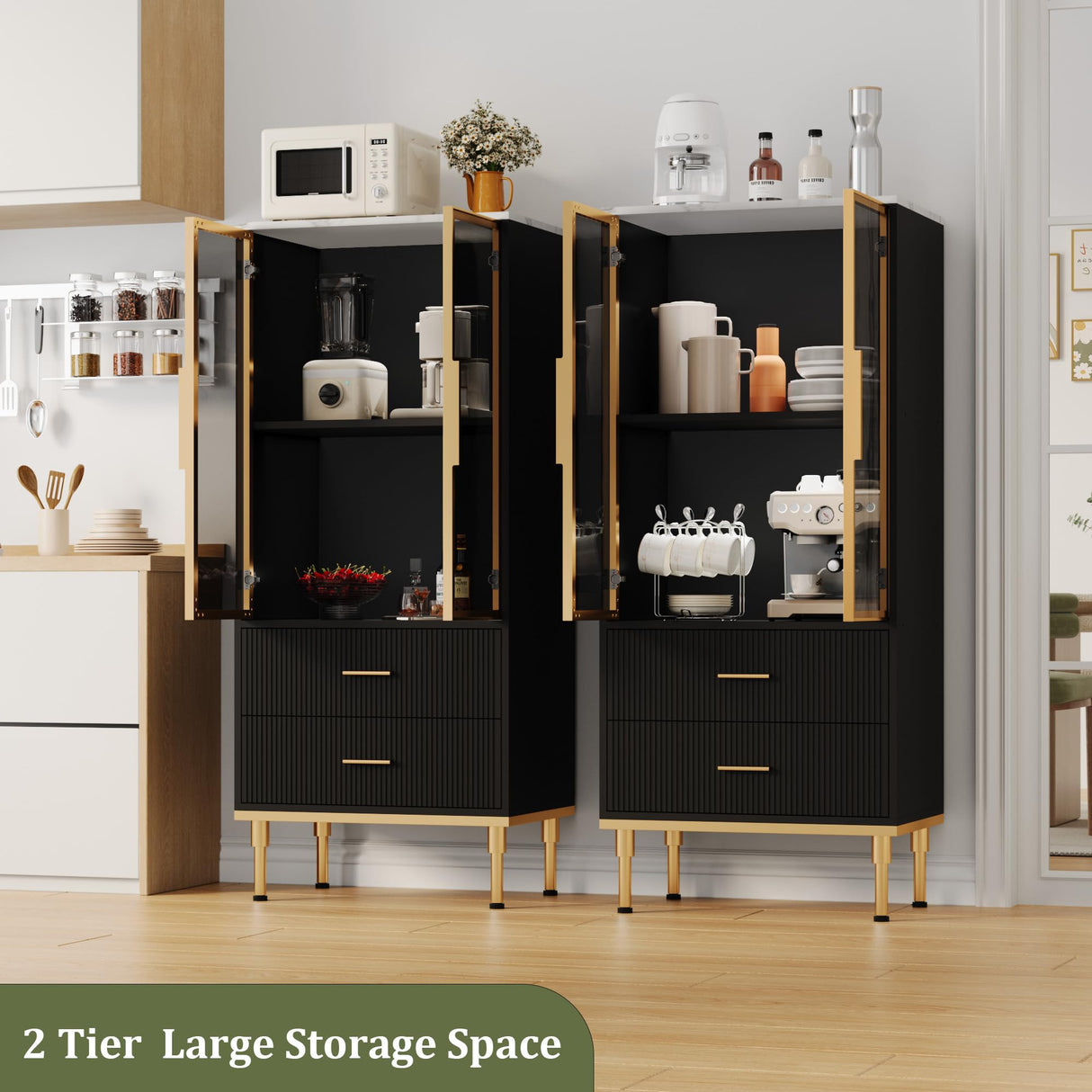 GarveeHome Fluted Storage Cabinet with Glass Door and 2 Drawers, Modern Display Storage Cabinet, Kitchen Pantry with Adjustable Shelves for Collectibles, Living Room, Office - Black GarveeHome