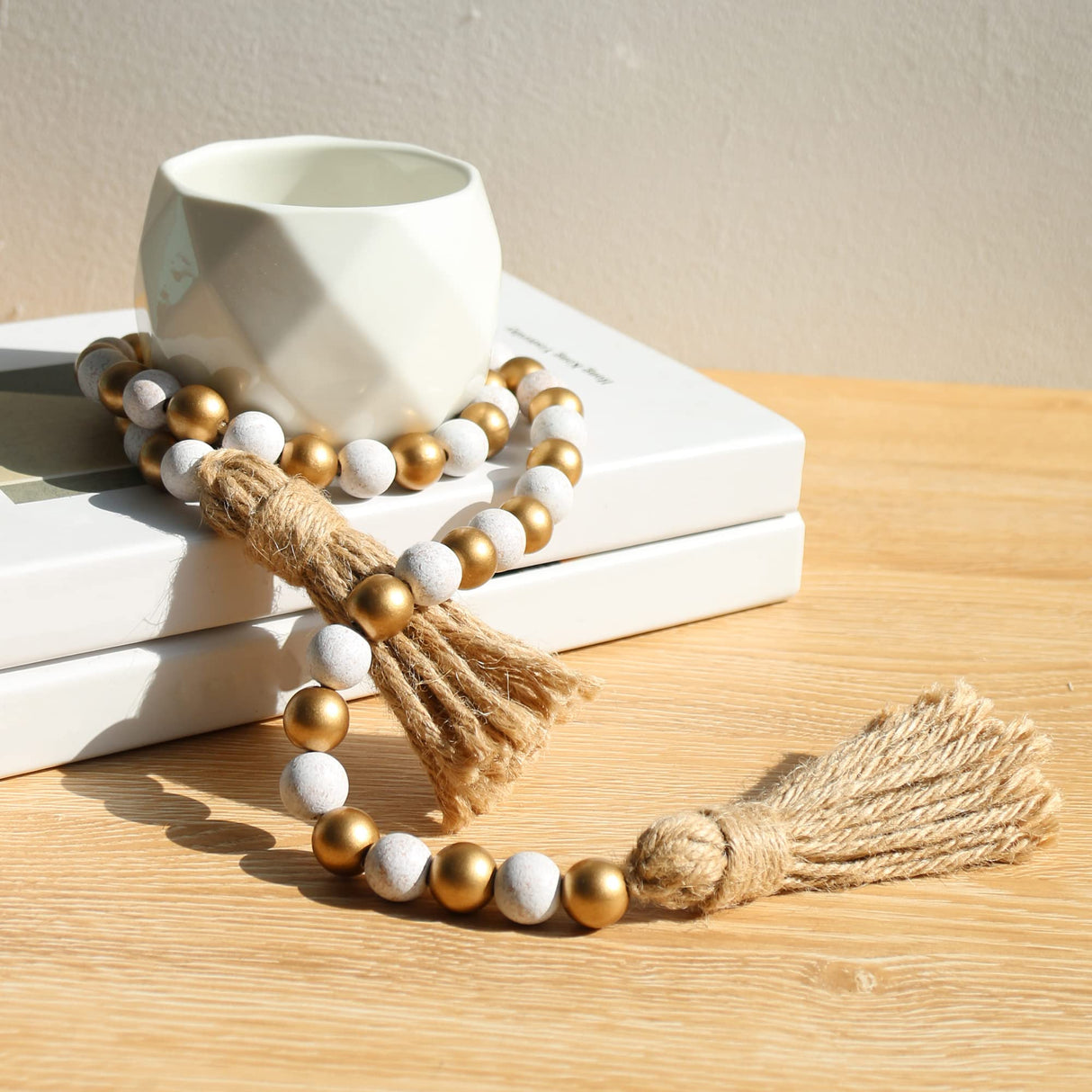 Meplait Wood Bead Garland,39in Farmhouse Beads with Tassels Boho Beads for Tiered Tray Decorative Beads Home Decor(Gold & Wash White) Meplait