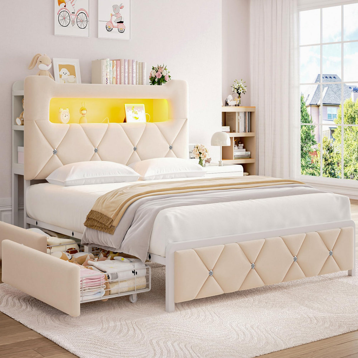 Full Upholstered LED Bed Frame with 2 Storage Drawers and 2-Tier Storage Headboard, Velvet Princess Platform Bed with Charging Station & Bookcase, Corner Bed Frame, Heavy Duty Metal Support, Beige Jocoevol