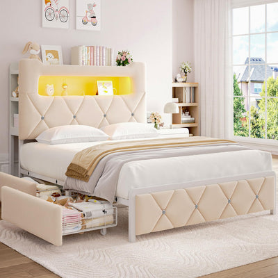 Full Upholstered LED Bed Frame with 2 Storage Drawers and 2-Tier Storage Headboard, Velvet Princess Platform Bed with Charging Station & Bookcase, Corner Bed Frame, Heavy Duty Metal Support, Beige