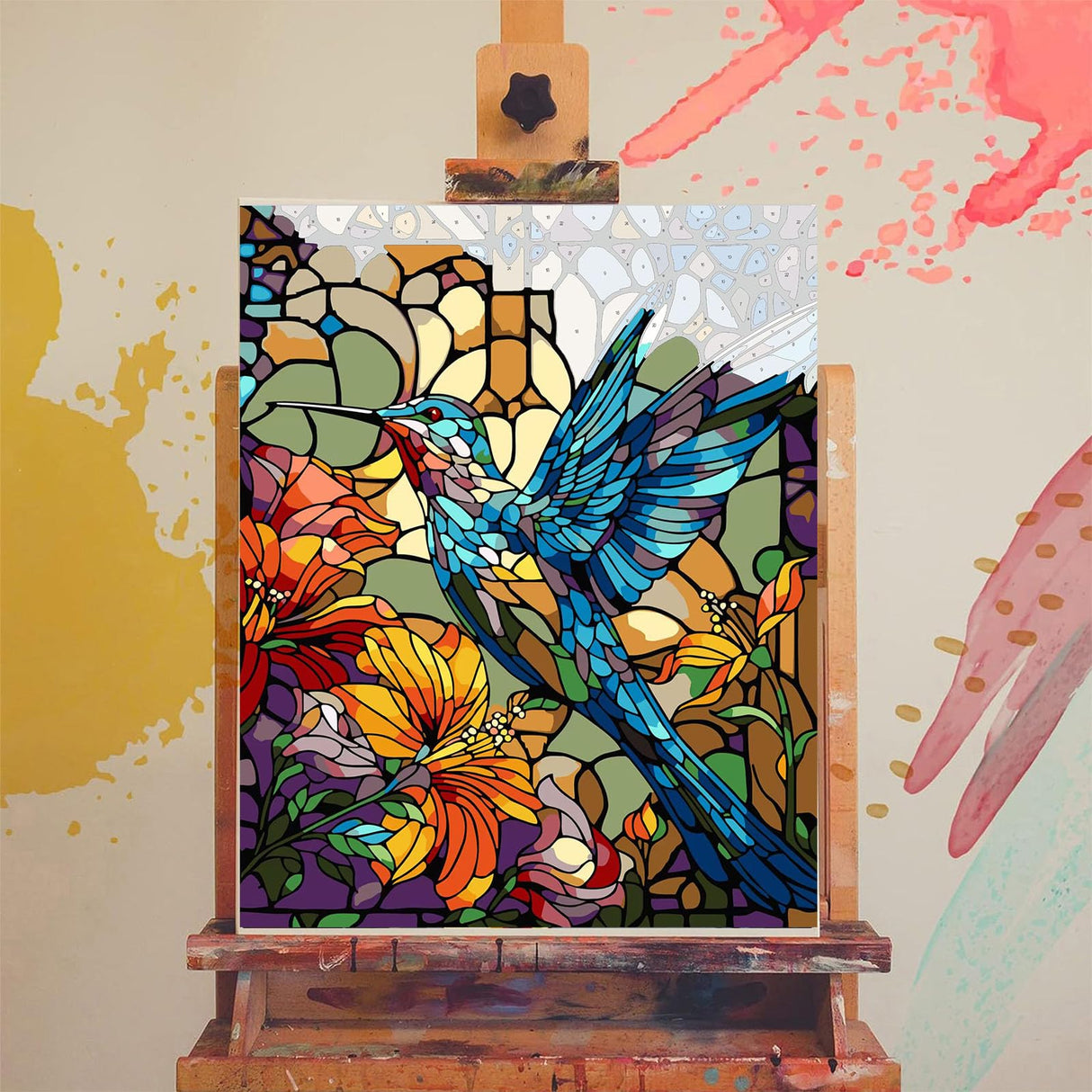 xackcme Hummingbird Paint by Numbers for Adults - Stained Glass Paint by Number on Canvas Without Frame, DIY Bird Oil Painting for Gift Home Wall Decor (16x20 inch) xackcme