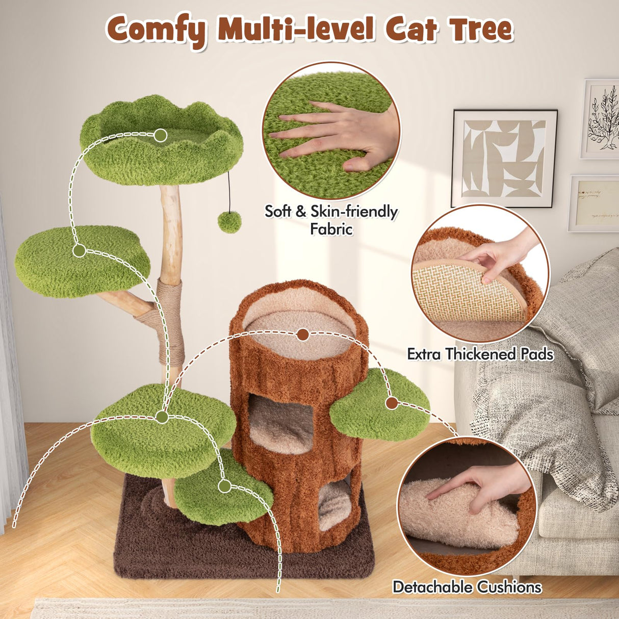 PETSITE 55 Inch Wood Cat Tree, Multi-Level Cat Tower with Double Decker Cat House, Scratching Posts and Sisal Board, Soft Padded Platforms, and Hanging Toy, Wooden Large Cat Tree Tower for Indoor Cats PETSITE
