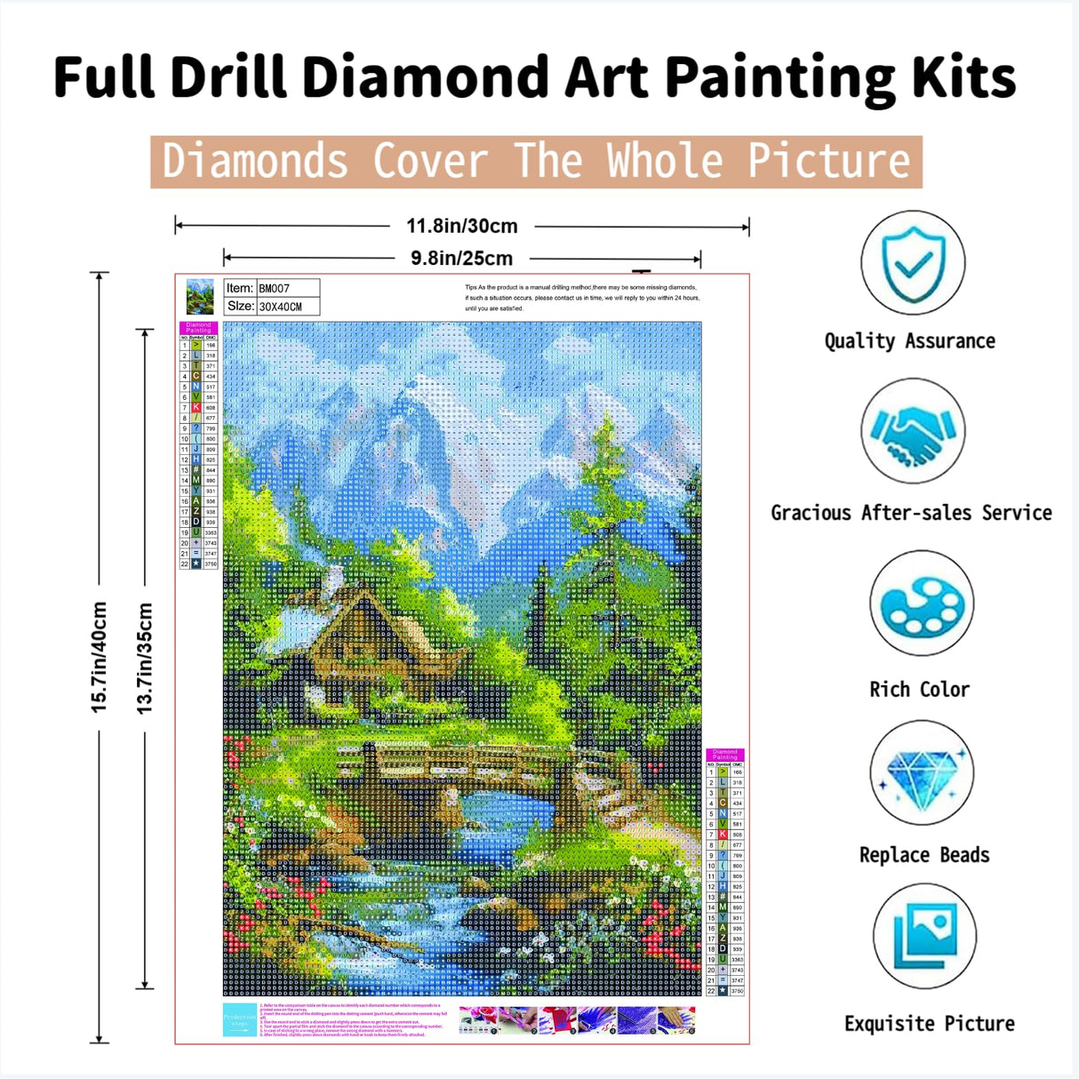 PINFFSHU Landscape Diamond Painting Kit for Adults: Rustic Wood Cabin, Wildflower Meadow, Sparkling Stream & Snowy Peaks - 5D DIY Full Round Drill Diamond Art Kits Home Wall Art Decor, 12x16 Inch PINFFSHU