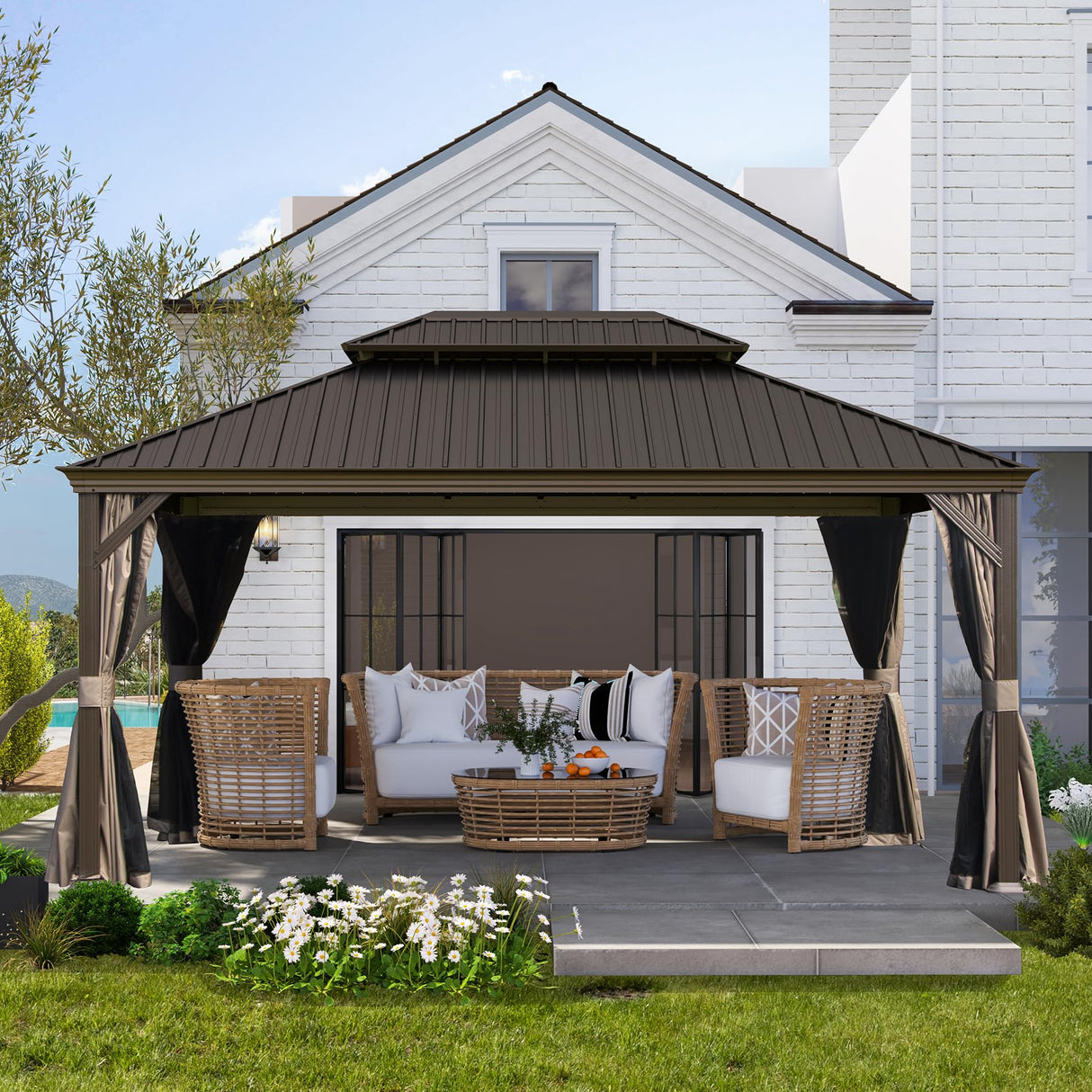 Domi 10x14 FT Outdoor Gazebo, Hardtop Gazebo with Galvanized Steel Double Roof, Metal Gazebos with Drainage System Patio Pergola for Patio Deck Backyard,Curtain and Netting, Brown domi outdoor living