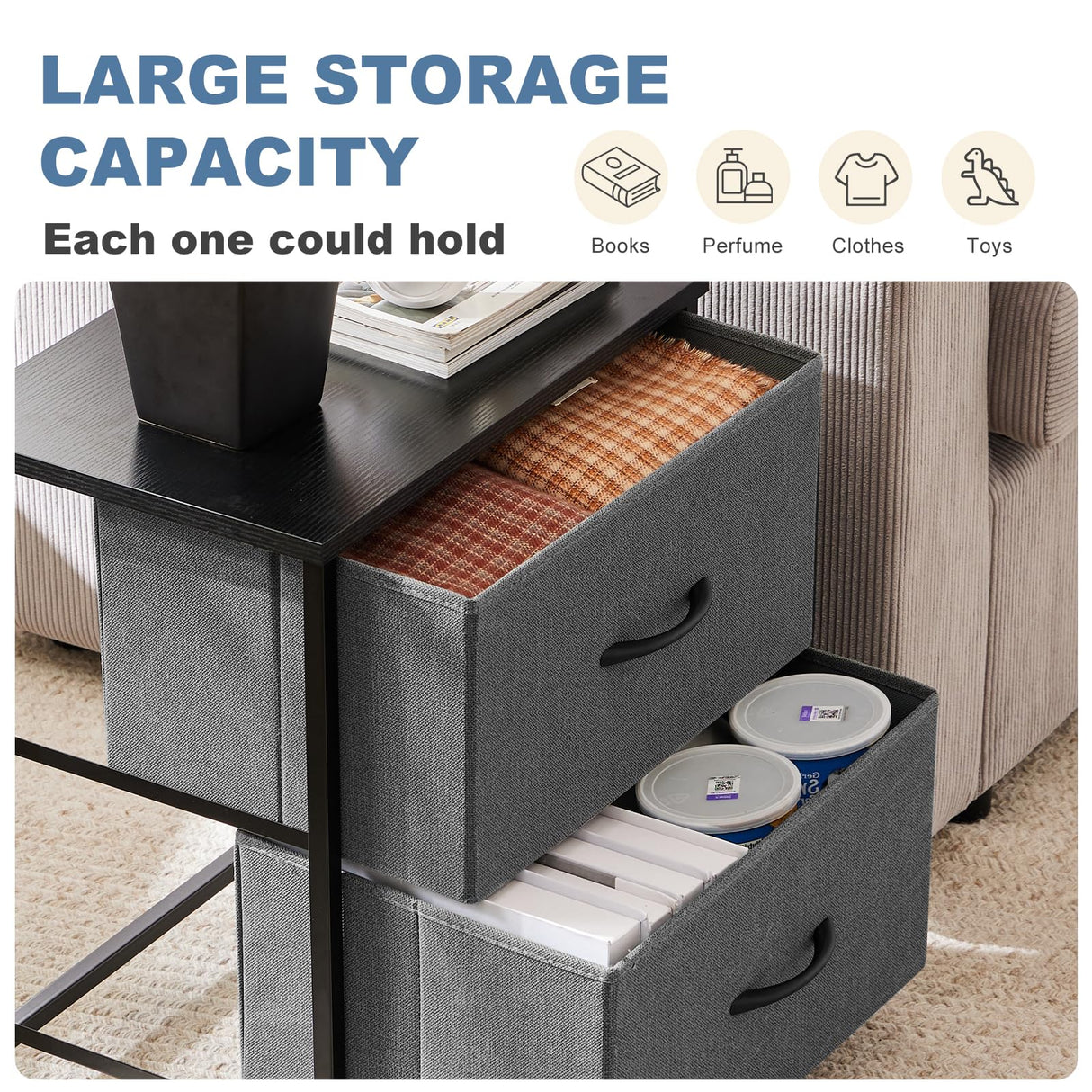 DUMOS Nightstand Set of 2, Small Dresser with 2 Fabric Drawers Side Bedroom End Table Kids Bedside Storage Furniture for 25 inch Tall Night Stand for Closet, Entryway, College Dorm, Grey, M-2 Pack DUMOS