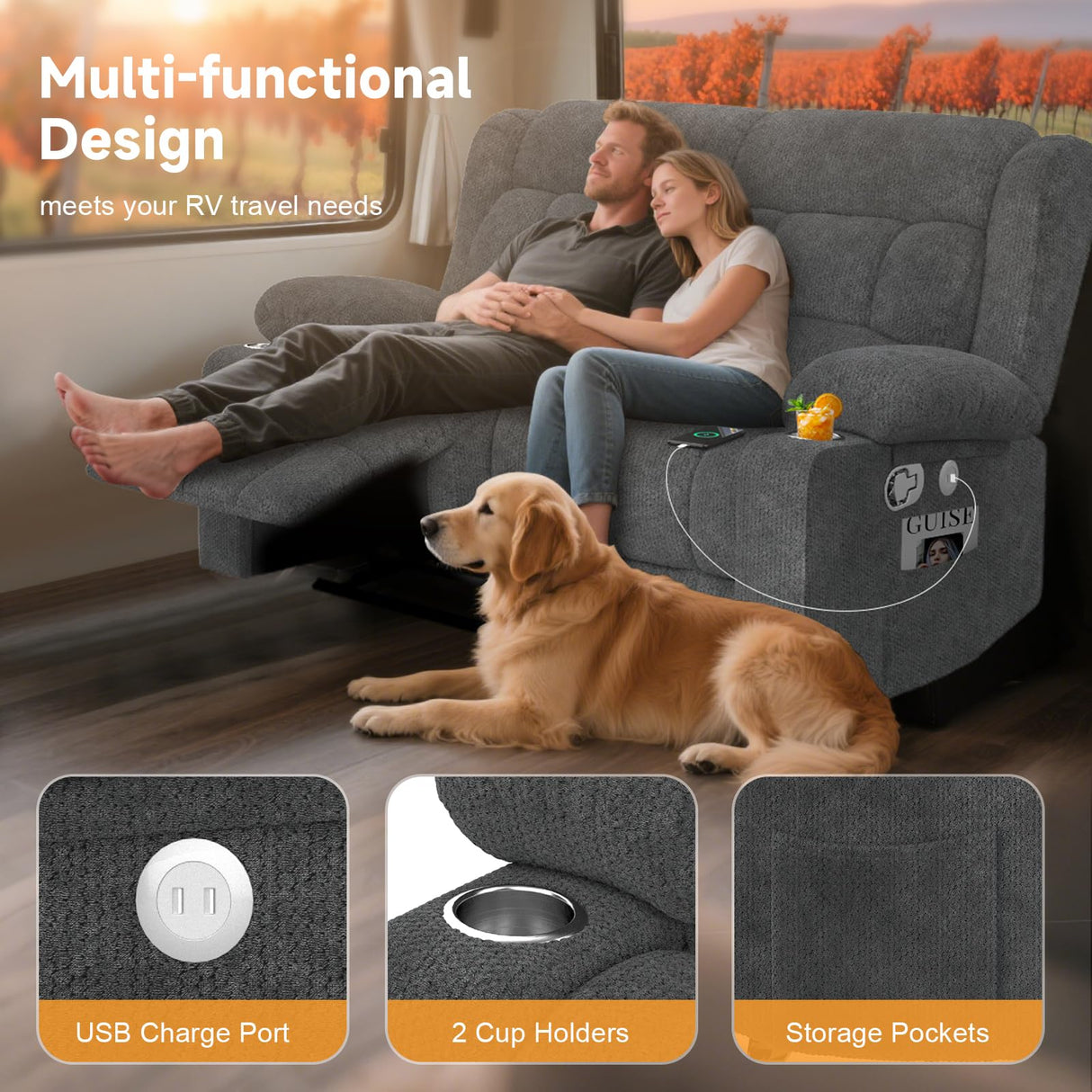 MisUMis RV Loveseat Recliner Sofa, Wall Hugger Reclining Loveseat RV Couch with USB Ports, Cup Holders, Pockets, 150° Adjustable RV Furniture Velvet Fabric Recliners for Travel & Home Theater Seating MisUMis