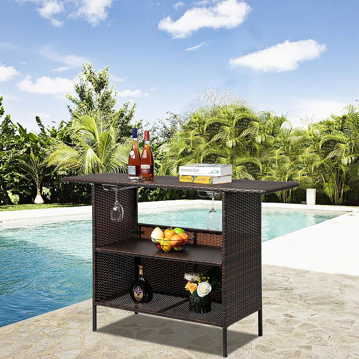Outvita Patio Rattan Bar Table, Wicker Counter bar Table with 2 Layer Shelves and Wine Racks for Poolside, Backyard, Garden, Porches Brown Outvita