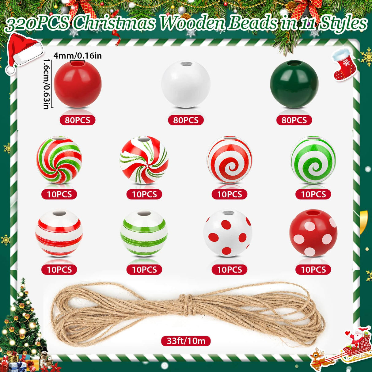 ROADPLUM 320 PCS Christmas Wooden Beads with Jute Twine, 16mm Wooden Christmas Beads in 11 Styles, Wooden Craft Beads with Holes for Christmas Party Holiday Decoration and Bracelet Making ROADPLUM