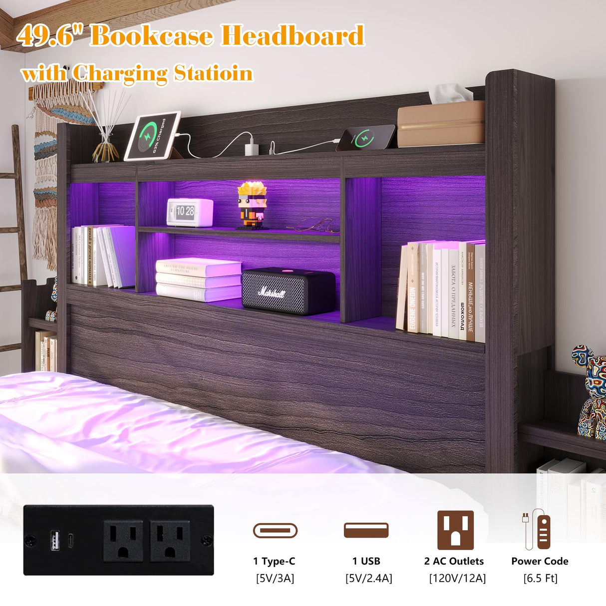 LUXOAK King Bed Frame with 49.6" Bookcase Headboard & 2 Bedside Stoage Racks & 4 Drawers, Farmhouse Wood Bed Frame with RGB LED & Charging Station, No Box Spring Needed, Black LUXOAK