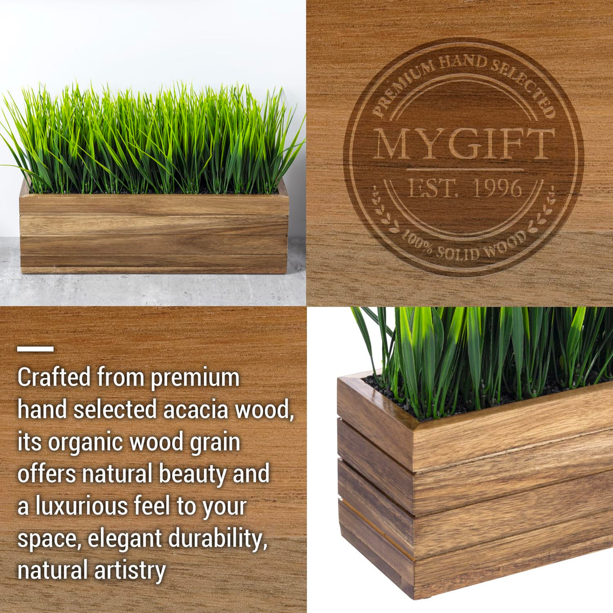 MyGift 14 Inch Artificial Green Grass Plant in Solid Acacia Wood Planter Window Box, Faux Greenery in Decorative Rectangular Crate Style Wooden Container MyGift