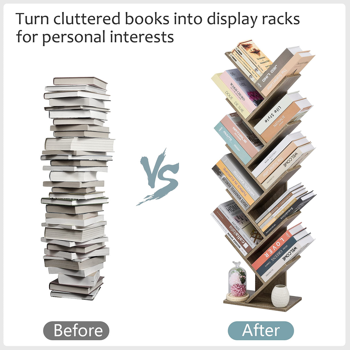 Hoctieon 10 Tier Tree Bookshelf, 10 Shelf Bookcase, Free Standing Tree Bookcase, Display Floor Standing Shelf for Books, Book Organizer Shelves for Home Office, Living Room, Bedroom, Greige Hoctieon