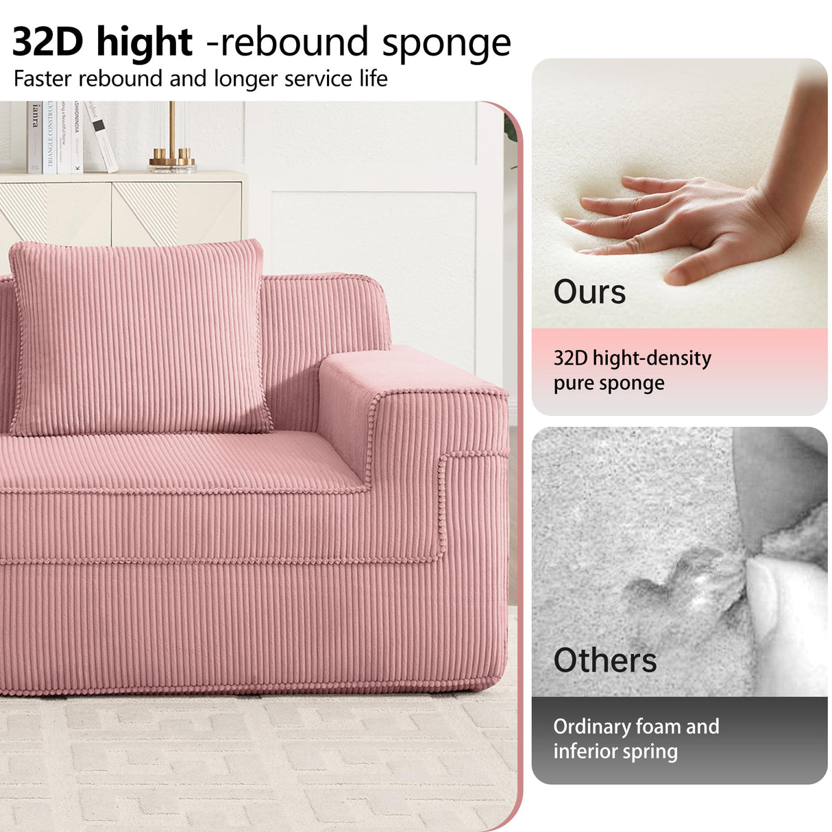 153.5 Cloud Sofa with Deep Seats and Wide Armrests,Boneless Sectional Couch with High Density Memory Foam Sofa, 4 Seater Sofa for Living Room Apartments - No Assembly, Corduroy,Pink HUMEHA