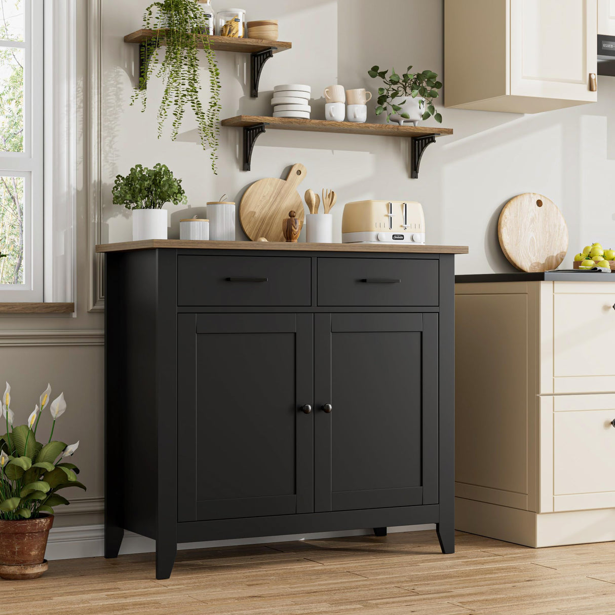 HORSTORS Kitchen Storage Cabinet, Modern Farmhouse Buffet Cabinet with Storage, Coffee Bar with 2 Drawers and 2 Doors, Floor Sideboard Buffet for Living Room, Dining Room, Bathroom, Black/Rustic Brown HORSTORS