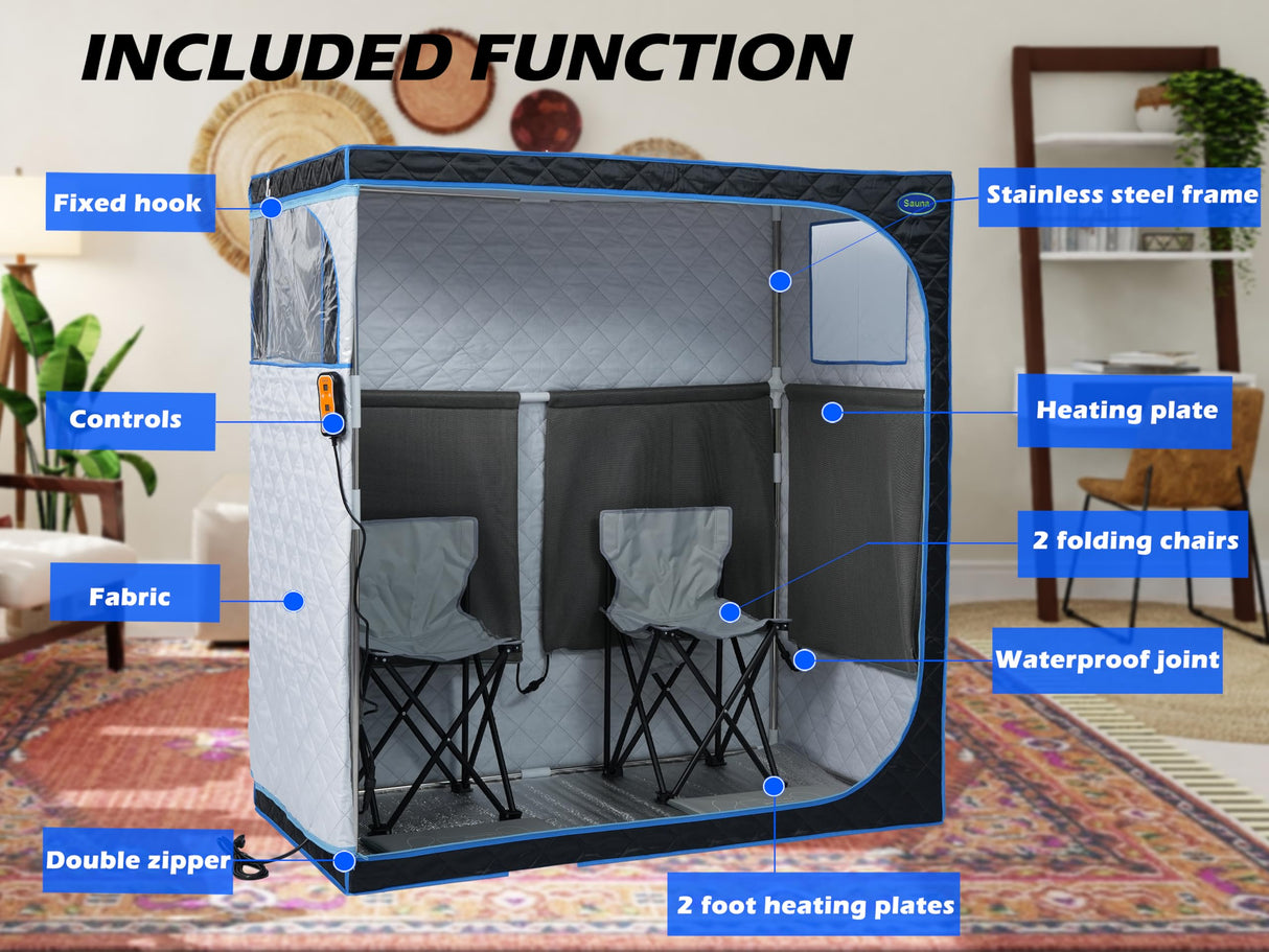Wizzisauna 2 Person Infrared Sauna | Full Size Portable Sauna Tent | FAR Infrared Sauna for Home, 1,350watt, Home Saunas with Heating Foot Pad*2, Portable Chair*2, (L56.7 x W31.5 x H59.4, Black) Wizzisauna