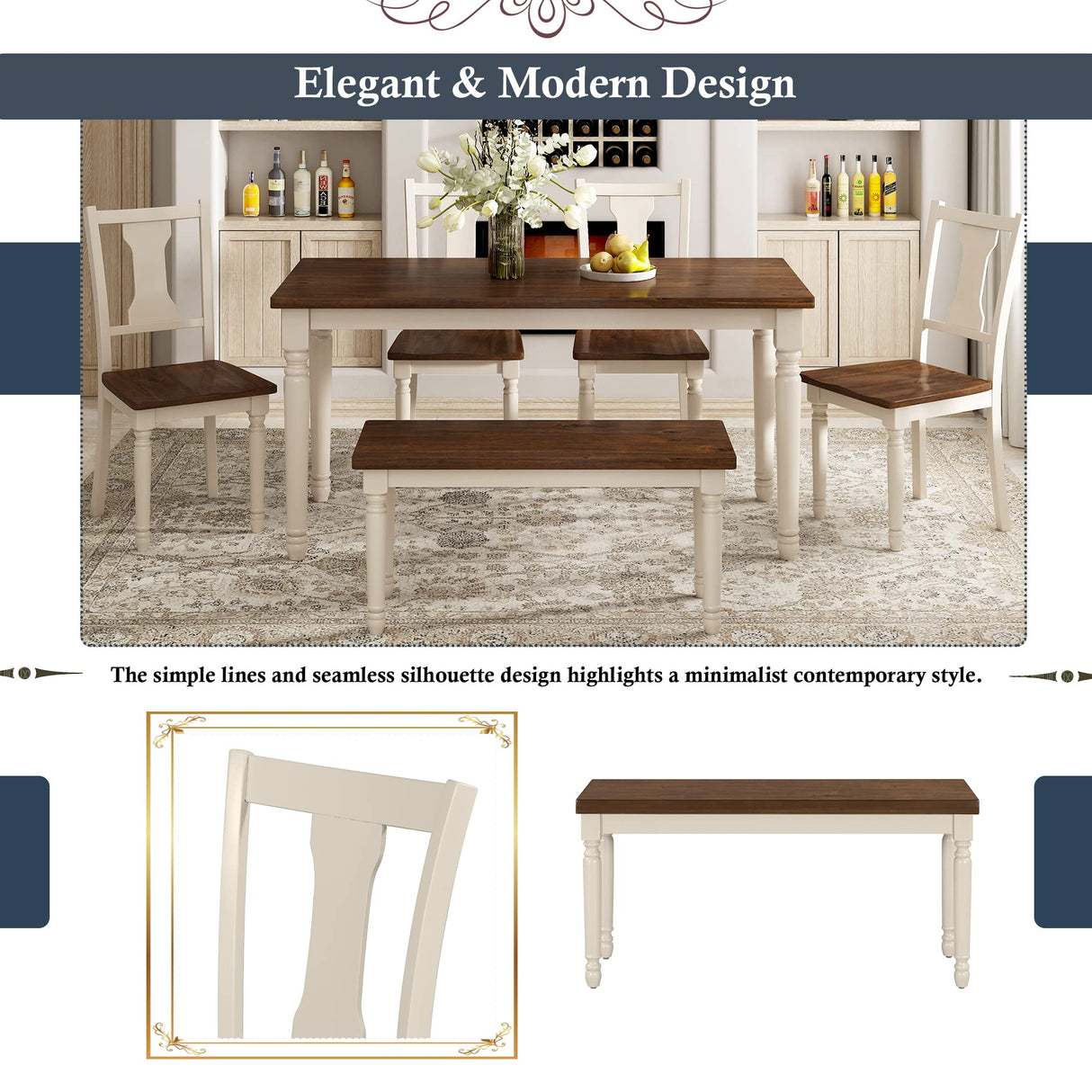 Merax 6 Pieces Dining Table Set with Bench, Kitchen Table Chairs Set, Wooden Rectangular Dining Table with 4 Chairs and Bench for Kitchen Room Dining Room (Brown+Cottage White) Merax