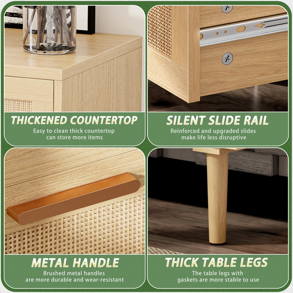 Greenvelly 6 Drawer Double Dresser for Bedroom, Modern Rattan 6 Drawer Dresser with Golden Handles, Wooden Storage Chest of Drawers for Bedroom, Living Room, Hallway Greenvelly