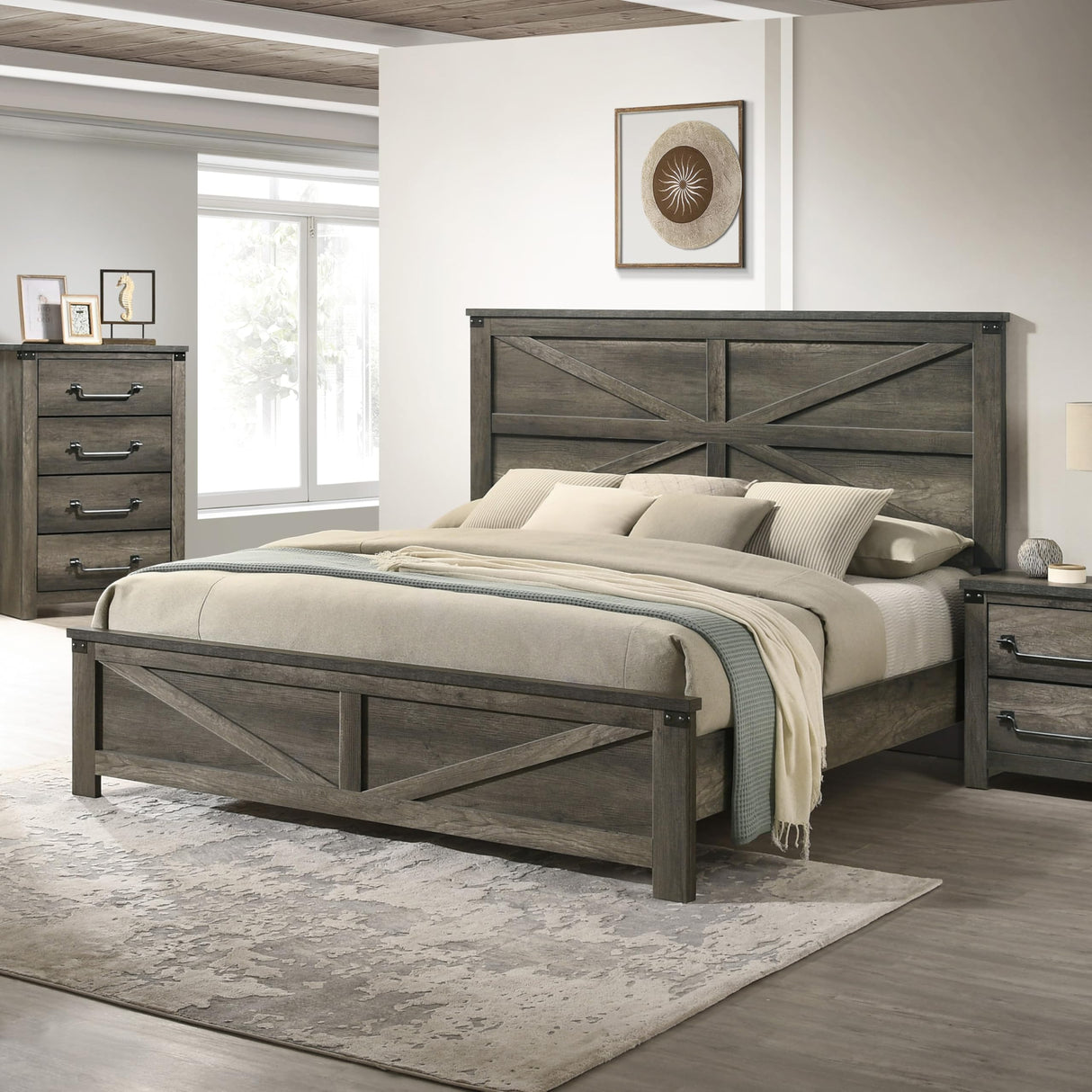 Furniture of America Sheila Farmhouse Solid Wood King Bed Frame with Barn Door Style Headboard and Footboard, Panel Bedframe for Bedroom, Guest Room, Box Spring Required, Rustic Grey Furniture of America