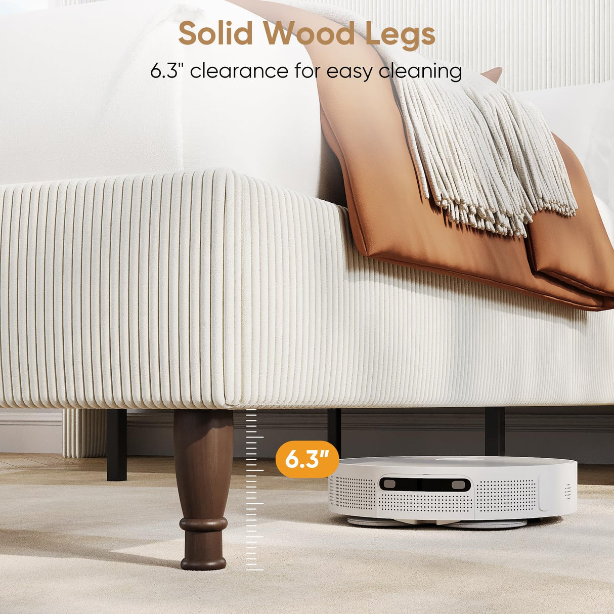 Queen Bed Frame with Tall Headboard, 55.3" Upholstered Platform Queen Size Bed Frame, Elegant Corduroy Wingback Bed with LED Lights & Charging Station, No Box Spring Needed, Solid Wood Slats, Cream Welzona