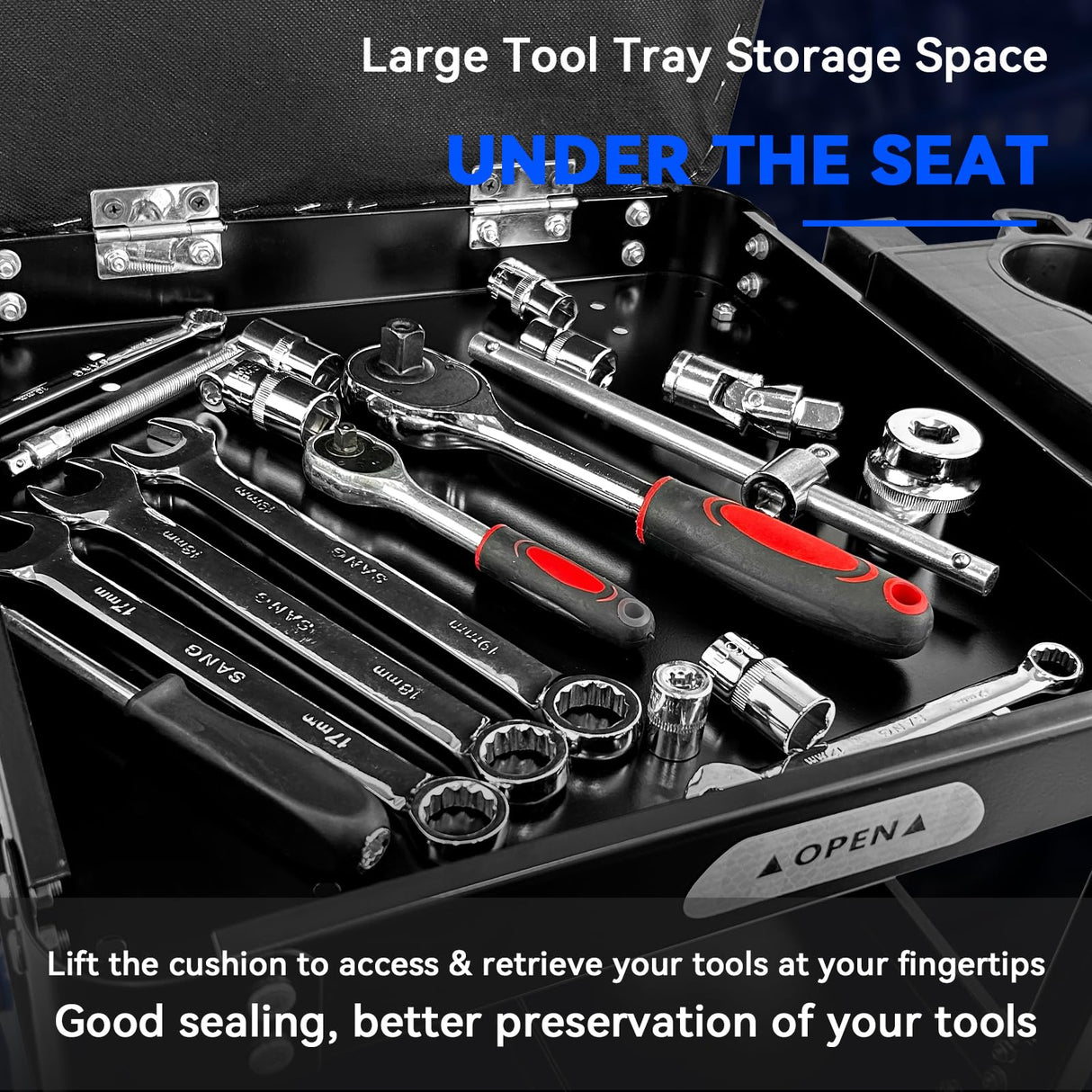 FreekyFit Rolling Creeper Garage/Shop Seat for Men, Padded Mechanics Stool with Tool Tray Storage for Garage, Rolling Workshop Stool with Wheels, Auto Creeper Seat, 330 LBS Capacity, Heavy Duty, Black FreekyFit