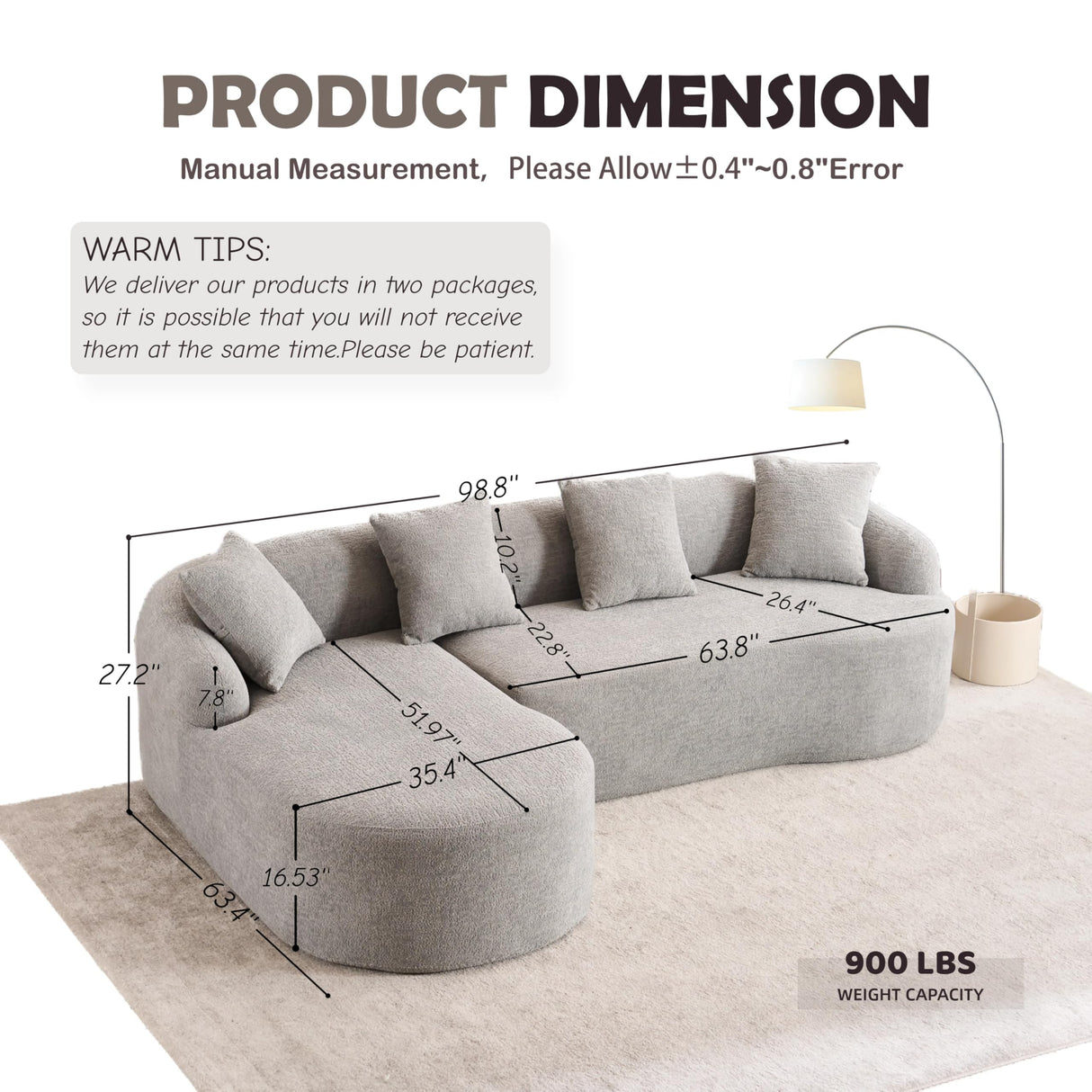 VYNELITO Oversized Sectional Sofa with Chaise for Living Room, 99" Modern Luxury Chenille 4-Seater Sofa Extra Wide Seat L-Shape Curved Cloud Couch with 4 Throw Pillows, Light Grey VYNELITO