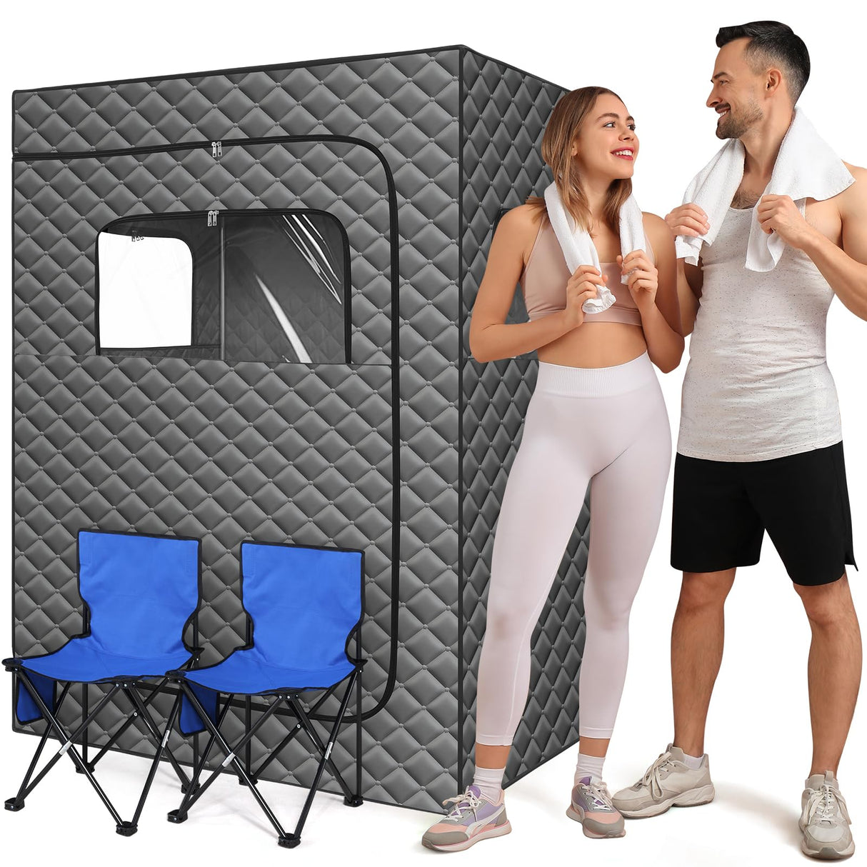 IvyBess 2 Person Sauna for Home, 1 or 2 Person Portable Steam Sauna with 2 1000W Sauna Steamers, 2 Floding Chairs, 9 Levels Adjustable, 99 Minutes Timer, Steamer Included (Grey) IvyBess