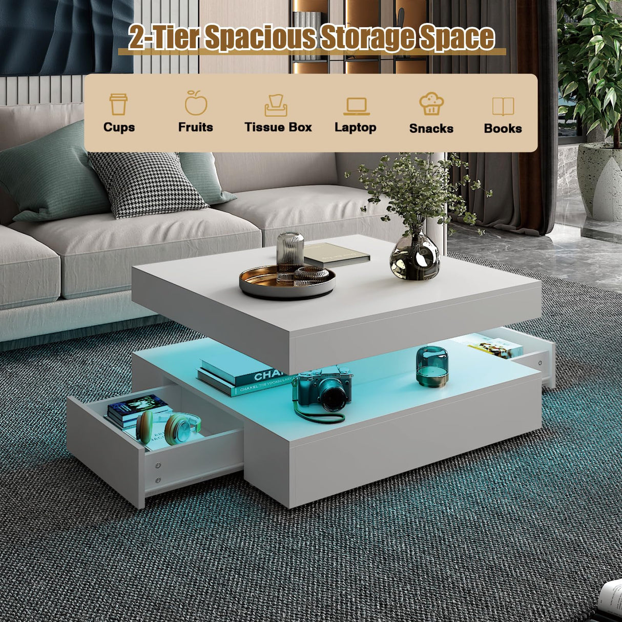 White LED Coffee Table with 2 Storage Drawers for Living Room Square Center Middle Table Modern Cocktail Table with Light 2-Tier Tea Tables Contemporary Mid Century Wood Home Office Waiting Room HedoAjim