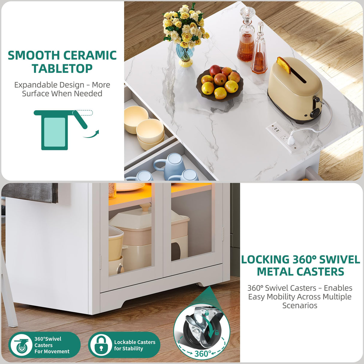 YITAHOME Rolling Kitchen Island with Seating and LED Lights, Mobile Storage Islands with Drop Leaf, Dining Table with Power Outlet, 2 Drawers and Soft Stools, Spice/Towel Rack, Marble Finish, White YITAHOME