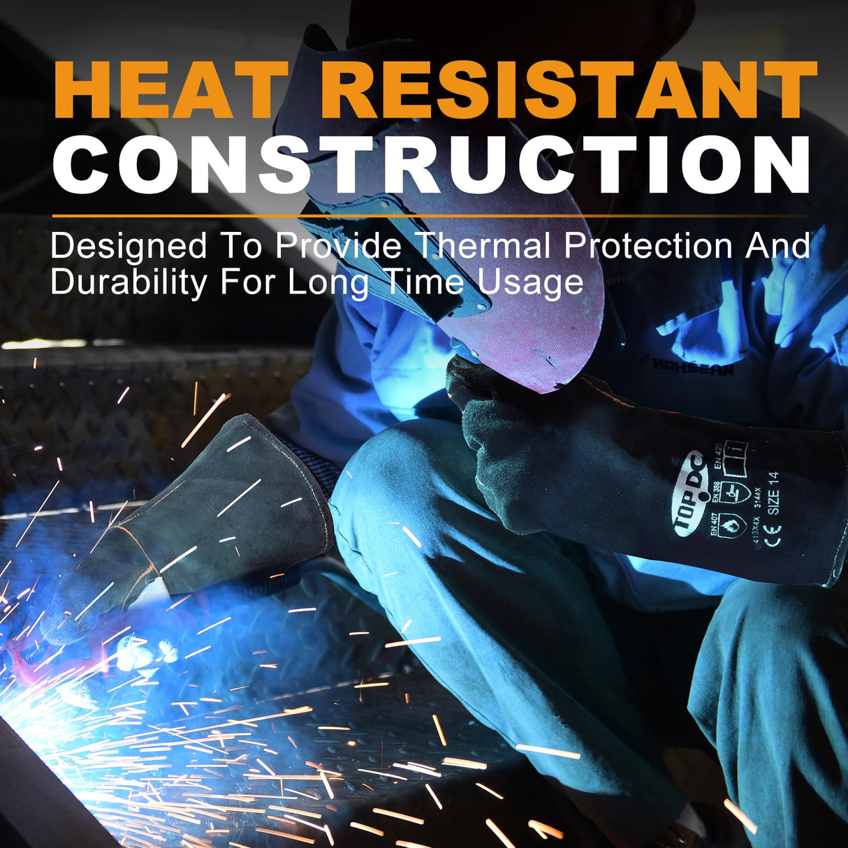 TOPDC Welding Gloves 14 Inches Fire/Heat Resistant Leather For Mig,Tig,Stick,Forge,BBQ,Grill, Fireplace,Wood Stove, Furnace,Pot,Oven TOPDC