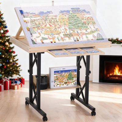 FUNTOK 1500 Piece Jigsaw Puzzle Table with Legs for Adults, Portable Wooden Puzzle Tables with Wheels, Drawers, Adjustable Height with Scales, 5-Tilting-Angle, Transparent Cover, Non-Slip Felt Surface
