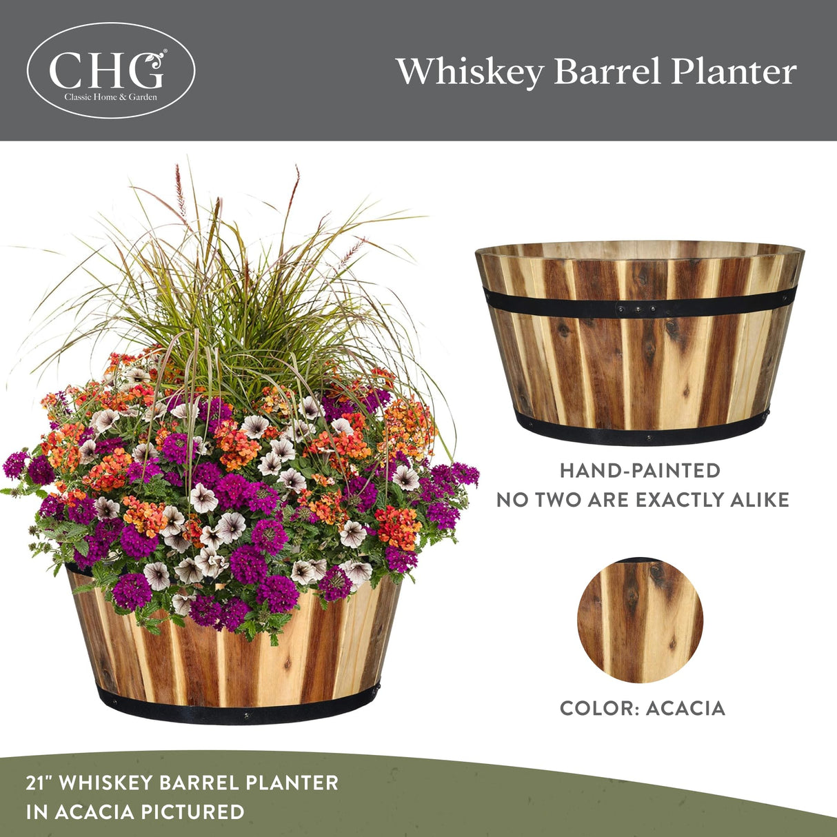 Classic Home and Garden Acacia Wood Whiskey Barrel Planter with Black Metal Band, 21in D x 12.5in H Classic Home & Garden