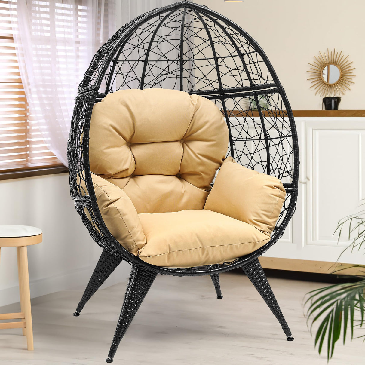 YITAHOME Egg Chair Wicker Outdoor Indoor Oversized Large Lounger with Stand Adjustable Leveling Feet with Cushion Egg Basket Chair 350lbs Capacity for Patio, Garden Backyard Balcony, Bedroom, Beige YITAHOME
