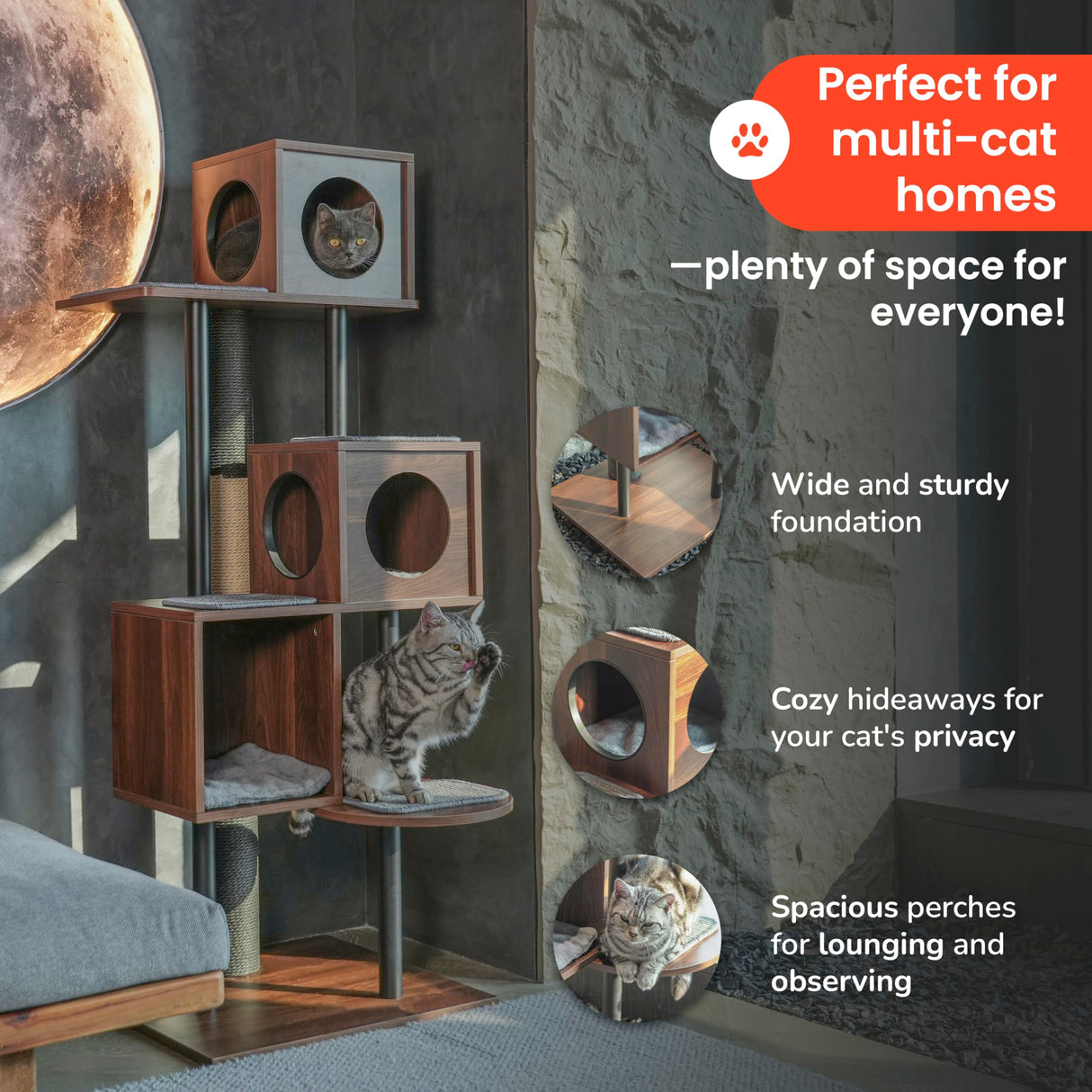 KONELCARE Modern Cat Tree-Sleek Wooden Furniture-Style Tower(60") Blends with Home Decor, Tallest Scratching Post(48"), 3 Cat Condos for Multi-Cat Harmony & Comfort KONELCARE