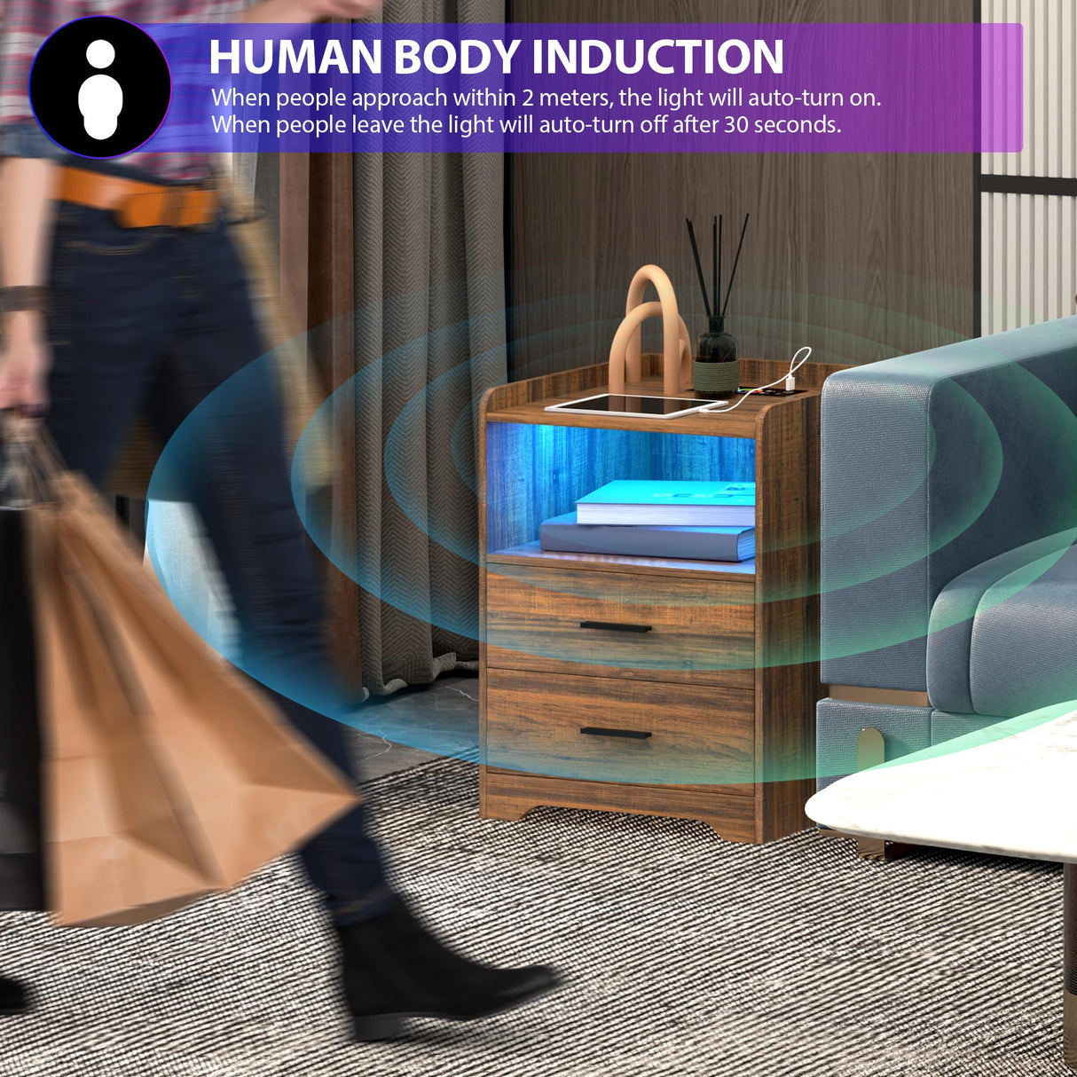 dnbss LED Nightstand with Charging Station, Smart Bedside Table with 24-Color RGB LED Lights, Charging Nightstand for Bedroom, Modern Nightstand Brown dnbss