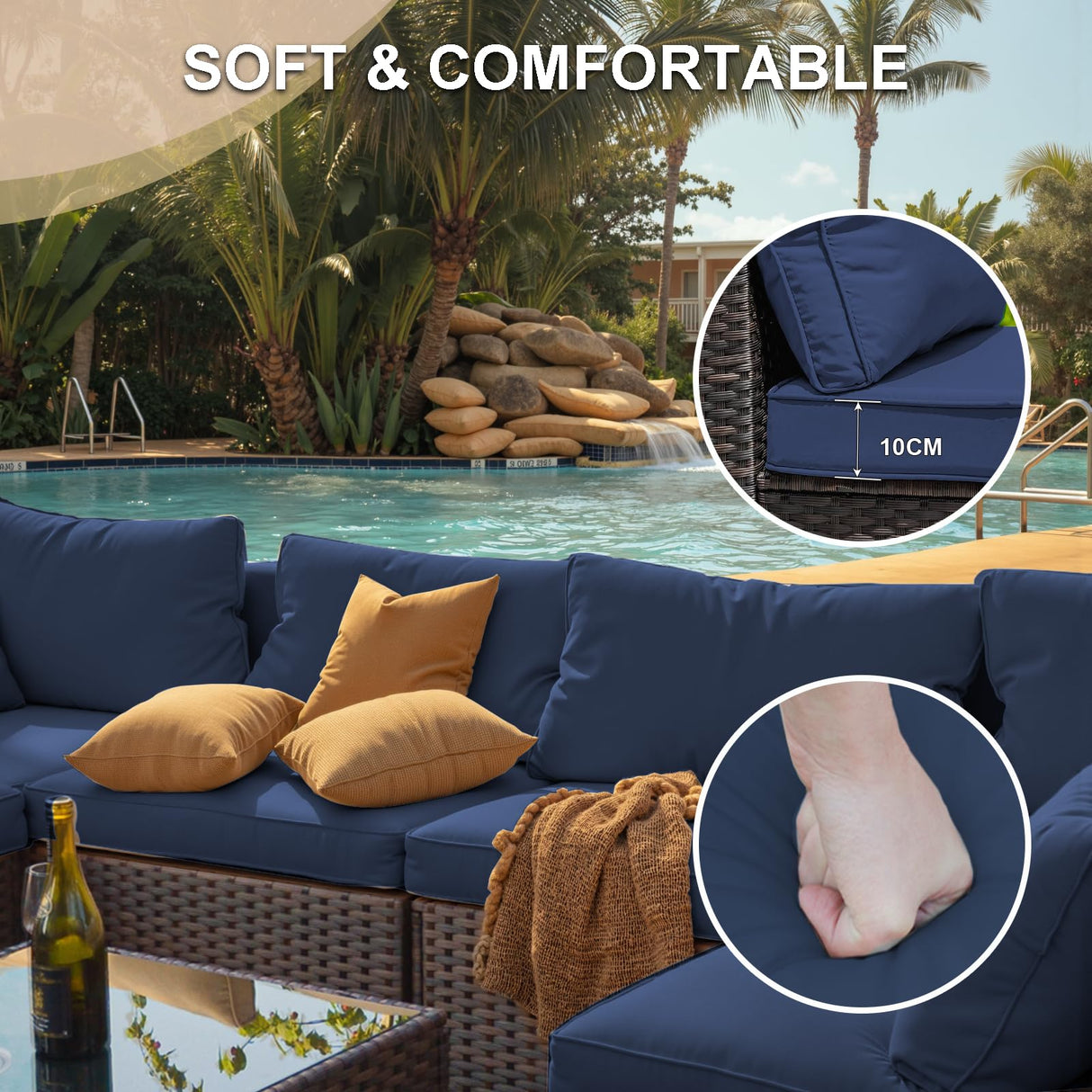 gaildon 7 Piece Patio Furniture Set with 42" Fire Pit Table Outdoor Sectional Conversation Sofa Set with Coffee Table and Comfortable Cushions, Blue gaildon