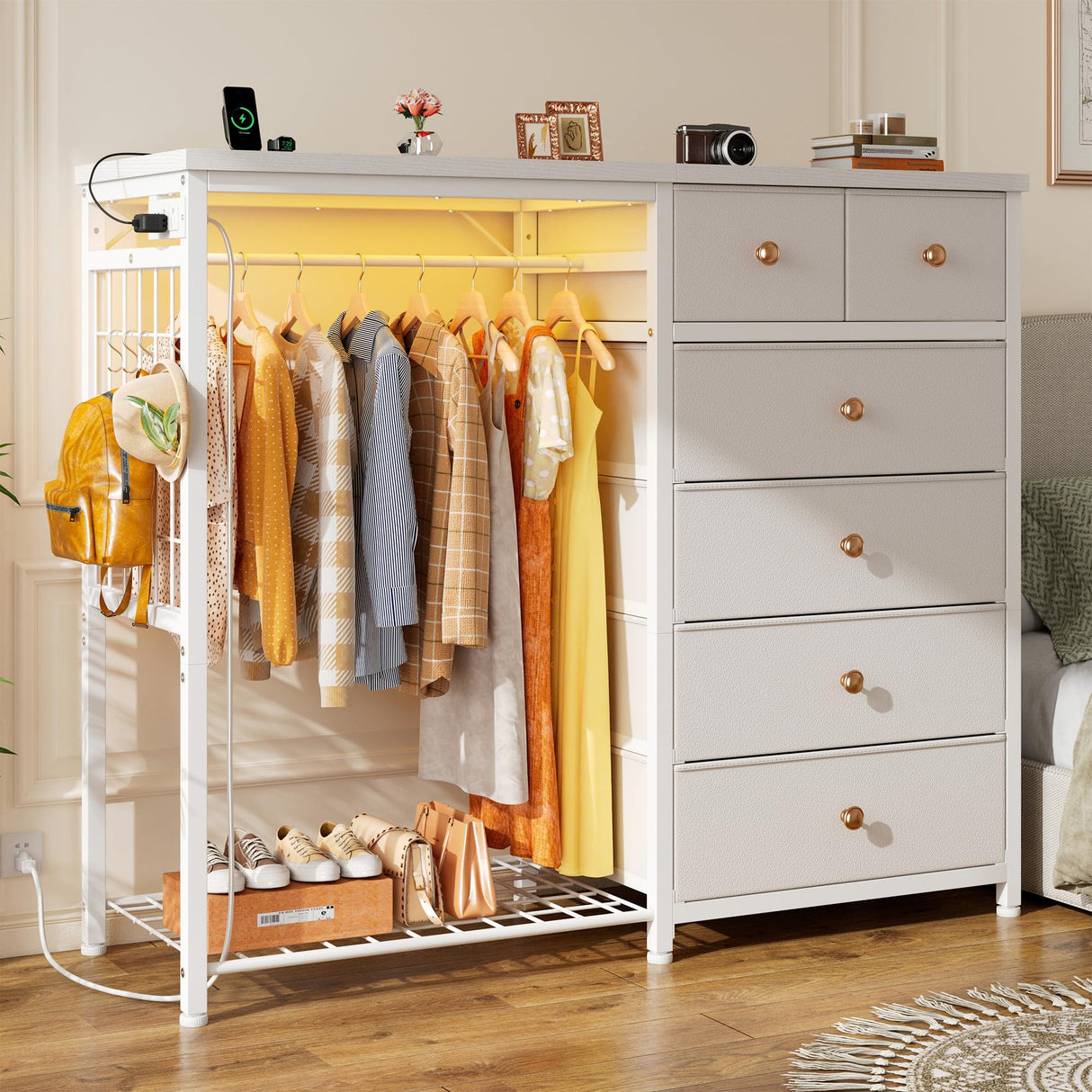 EnHomee 49.2" W White Dresser for Bedroom with Hanging Rack,6 Drawer Dresser with LED Lights & Charging Station, Fabric Dressers & Chest of Drawer with Clothes Rack, Wooden Top, Grid Panel, Closet EnHomee