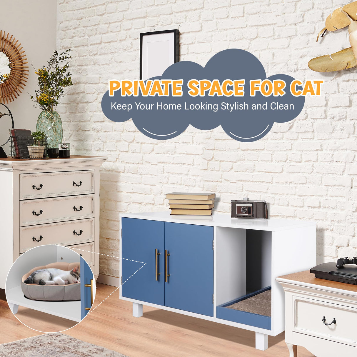 ZENY Pet Cat Litter Box Enclosure, Modern Cat House Furniture, Cat Washroom Furniture Hidden, Side End Table, Wood Pet Cat Crate with Scratch Pad, White ZENY