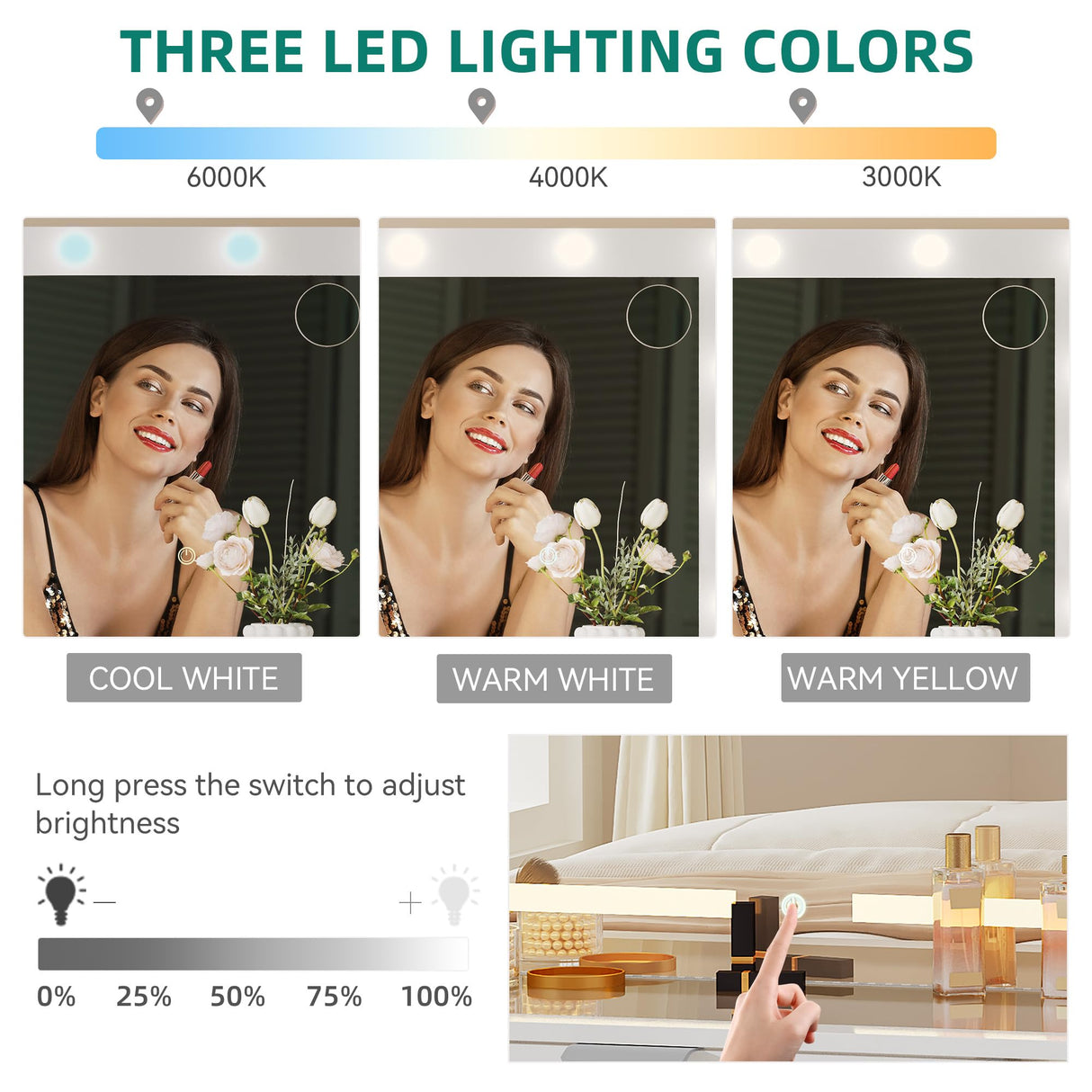 YITAHOME Makeup Vanity Desk with LED Mirror & 3 Brightness Levels, Makeup Table with 11 Drawers, Magnifying Glass, Power Outlets, Hairdryer Holder & Storage Cushion Stool for Dressing Room YITAHOME