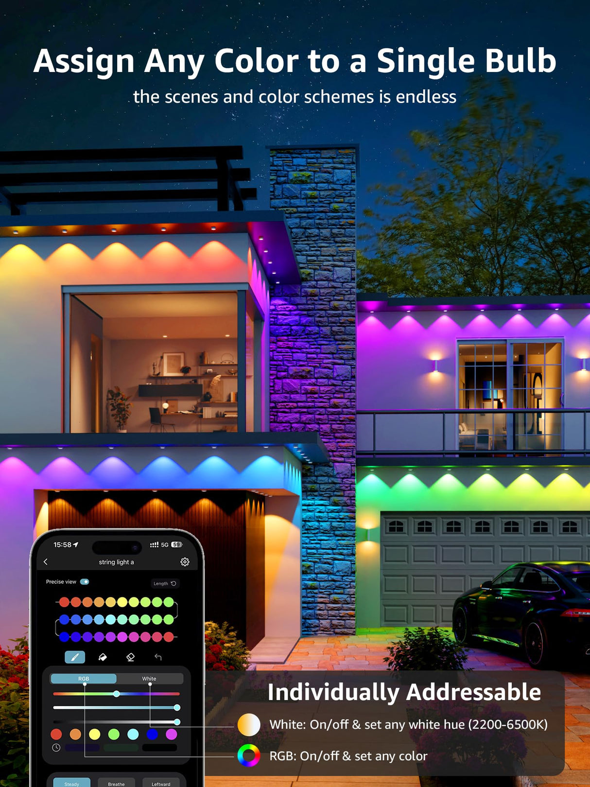 Lepro E1 AI Permanent Outdoor Lights APP Control, 100ft 60 LED Smart RGB+IC+Warm/Cool White House Eave Light for Halloween Christmas, Alexa Google Enabled, 2.4 GHz WiFi/Bluetooth, NO Remote Controller Lepro