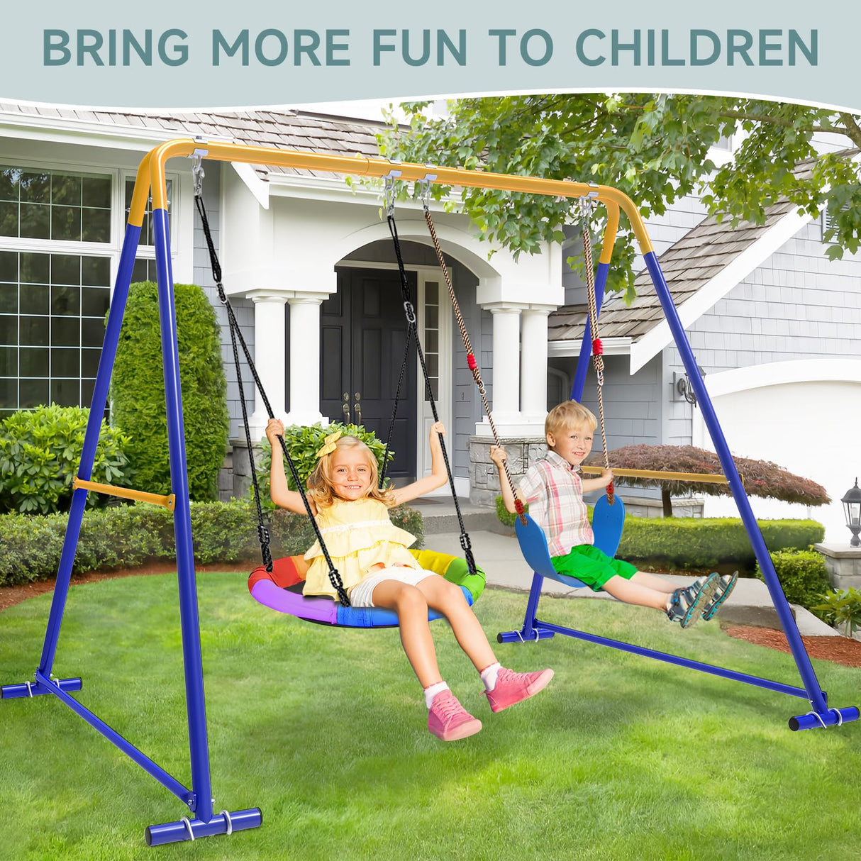 Swing Sets for Backyard, Toddler Swing Set with 2 Seat 1 Saucer & 1 Belt Seat, 440lbs Heavy-Duty Swing Frame w/8 Ground Stakes, A Frame Outdoor Swingset for Kids and Adults for Backyard SkylarkJoy
