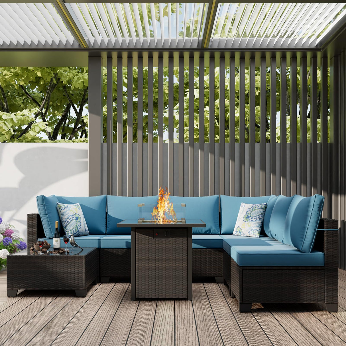 Peacabo 8 Piece Outdoor Patio Furniture Set with Fire Pit Table, Wicker Sectional Sofa Set with Thick Cushions, Perfect for Garden Lawn Pool or Backyard, (Brown/Peacock Blue) Peacabo
