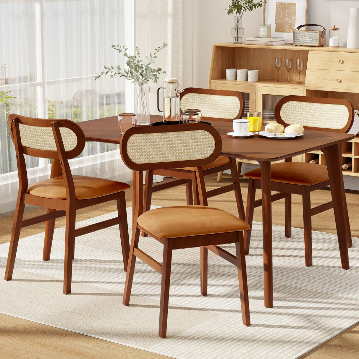 Giantex Wooden Dining Chairs Set of 2, PU Leather Upholstered Kitchen Chairs w/Breathable Mesh Cane Backrest, Rubber Wood Frame, Padded Seat, Farmhouse Armless Side Chairs for Dining Room, Coffee Giantex