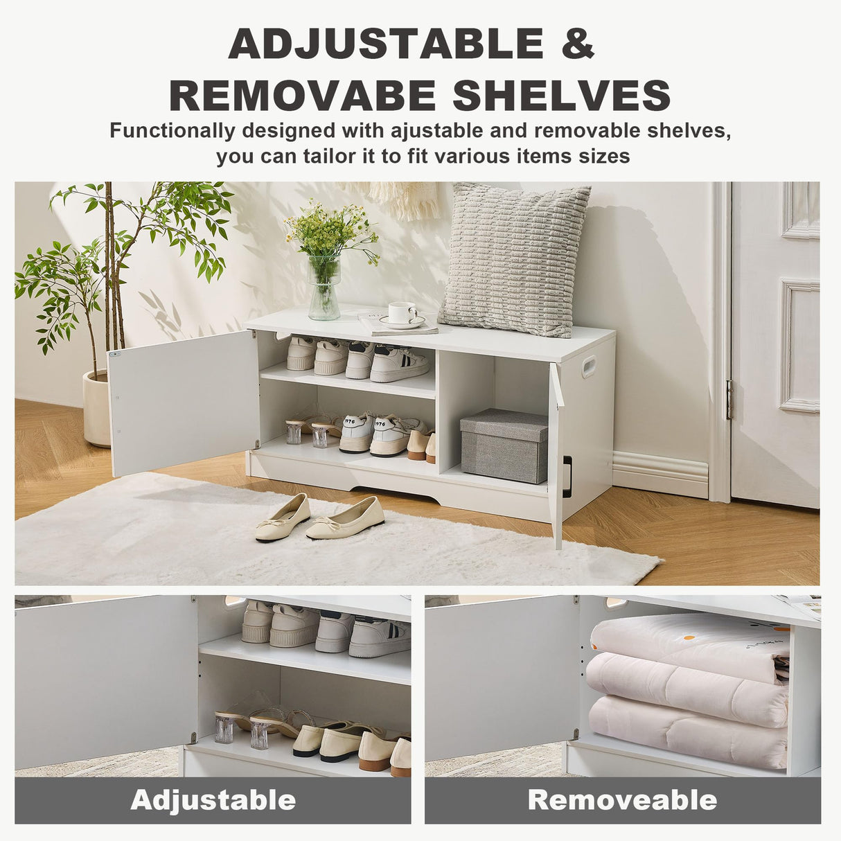 Shoe Bench, Entryway Storage Bench with 2 Doors, Shoe Rack Adjustable Shelves, Shoe Cabinet with Storage, 31.5" W x 13.8" D x 18.1" H for Entryway, Living Room, Hallway, Mudroom, Bedroom, White oakvivo