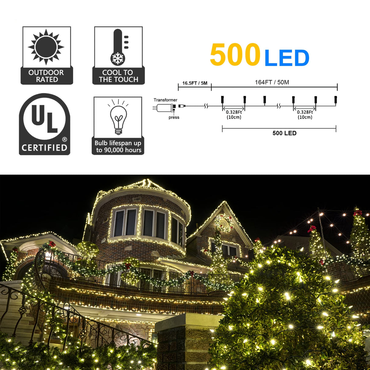 weillsnow 164Ft 500 LED Christmas Lights, Waterproof 8 Twinkle with Memory Functions Christmas Tree Lights for Indoor Outdoor Christmas Tree Garden Decoration (Warm White) weillsnow