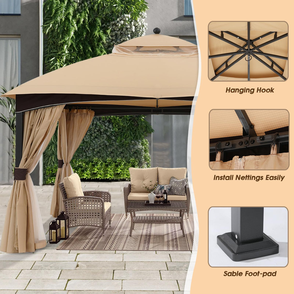 ABCCANOPY Outdoor Gazebo 11x13 with Netting - Double Roof Patio Gazebos for Backyard Garden Deck Lawn, Beige ABCCANOPY